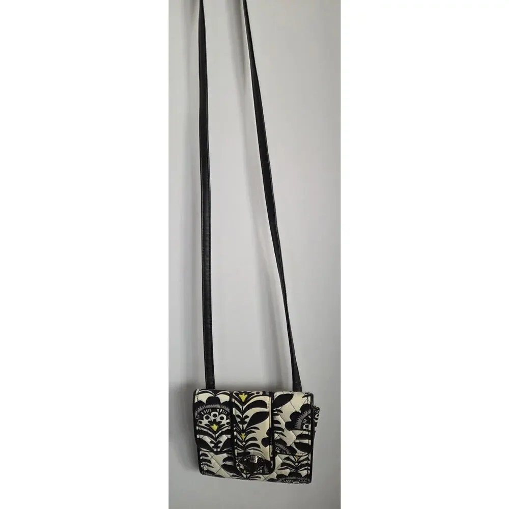 Vera Bradley Petite Crossbody Purse Fanfare Black White Strap Yellow Mini 6x6 In